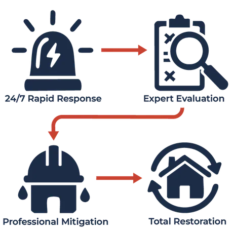 How Professional Water Restoration Works: Emergency Extraction, Content Clearing/ Cleaning, Structural Drying, Mold Prevention, Property Restoration